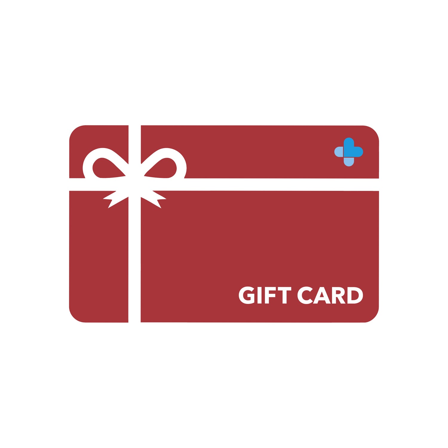 MedMassager gift card with white ribbon, blue plus symbol, and "GIFT CARD" text on a clean white background.